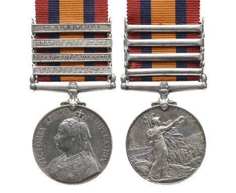 A Queen's South Africa Medal to Private T.S. Curtis, 5th Lancers, first type (b), ghost dates, 4 clasps: Elandslaagte, Defenc