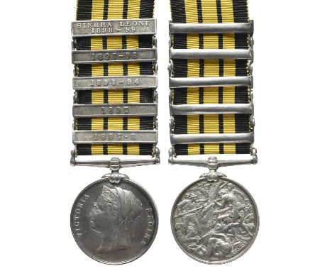 An East and West Africa Medal 1887-1900 to Private W. Samuels, 1st Battalion West India Regiment, 5* clasps: 1887-8, 1892, 18