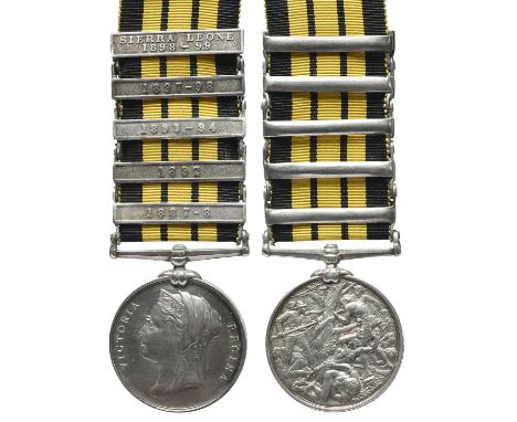 An East and West Africa Medal 1887-1900 to Private W. Samuels, 1st Battalion West India Regiment, 5* clasps: 1887-8, 1892, 18