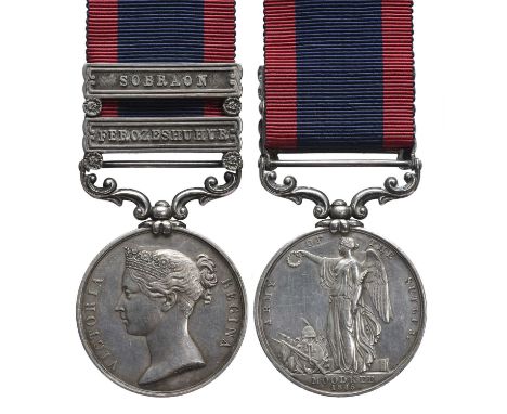 A Sutlej Medal 1845-46 to Gunner T. James, 3rd Brigade Bengal Horse Artillery, Moodkee reverse, 2 clasps: Ferozeshuhur, Sobra