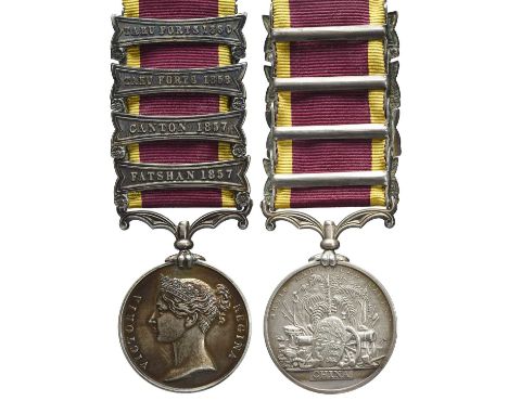 A China Medal 1856-60, unnamed as issued, 4 clasps: Fatshan 1857, Canton 1857, Taku Forts 1858, Taku Forts 1860, lustrous ton