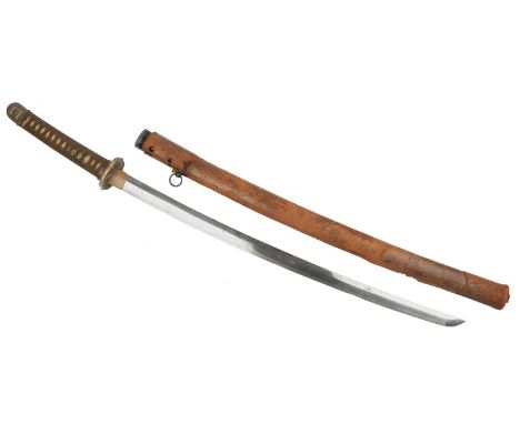 A Japanese sword (shingunto), blade 27.25 in. hon-zukuri, midare hamon based on suguha, copper habaki; nakago with Showa stam