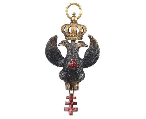 Freemasonry: a 19th century Rose Croix eagle jewel, gilt metal and enamel 48mm wide, bicapitate eagle with a red cross pattée