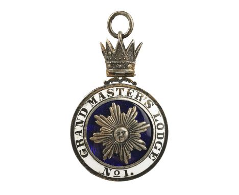 Freemasonry: a Victorian Grand Master's Lodge Jewel, silver and enamel disc 40mm, the centre occupied by a sun in splendour t