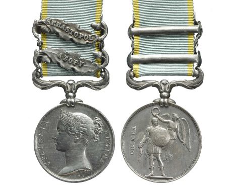 A Crimea Medal 1854-56, unnamed as issued, 2 clasps: Azoff, Sebastopol, light contact marks, about very fine.36.26mm diameter