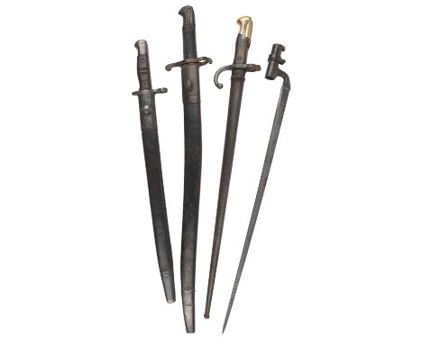 A collection of four bayonets, comprising: a British 1856/58 pattern short rifle bayonet with scabbard, a British 1876 patter