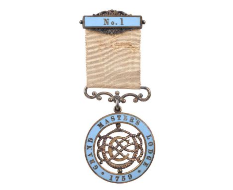 Freemasonry: a Victorian Centenary Jewel of Grand Master's Lodge No 1, silver-gilt and enamel 33mm, blue enamelled circlet wi