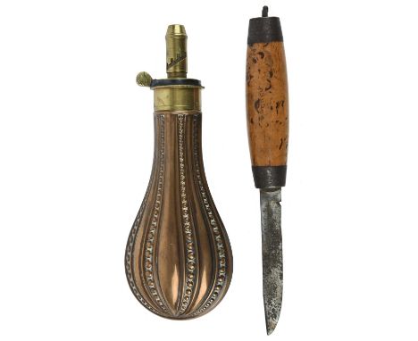 An embossed copper powder flask by James Dixon, fluted and beaded body, brass top with sprung shutter and adjustable measurin