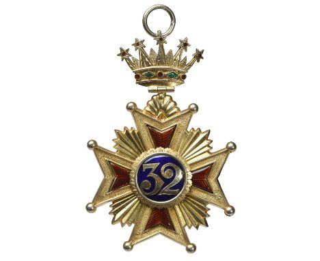 Freemasonry: a Victorian 32nd Degree Jewel, silver-gilt and enamel, Maltese cross 52mm, the arms with panels of red enamel, t