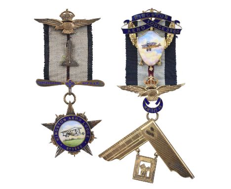 Freemasonry - Kingston Aero Lodge No 3860: two silver-gilt and enamel jewels, the first a five pointed star surmounted by an 