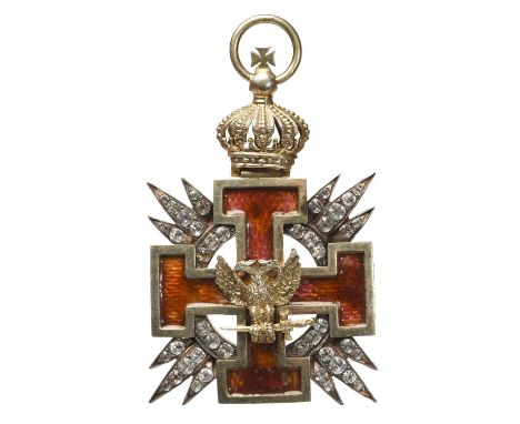 Freemasonry: a Rose Croix jewel, gilt, enamel and paste-set, red cross potent 45mm wide, surmounted by a bicapitate eagle wit