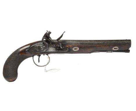 A 16 bore English flintlock holster pistol by H. Nock, swamped octagonal barrel 8.5 in., top flat inscribed 'H NOCK LONDON' (