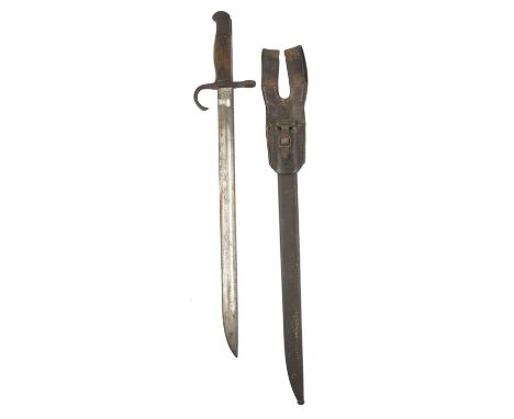A Japanese Type 30 bayonet, blade 15.5 in., hooked quillon, Nagoya arsenal mark, steel scabbard with leather frog.