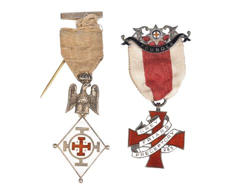 Freemasonry: two jewels, one a silver gilt Grey Friars Preceptory Founder's Jewel, red enamelled cross pattée 33mm and entwin