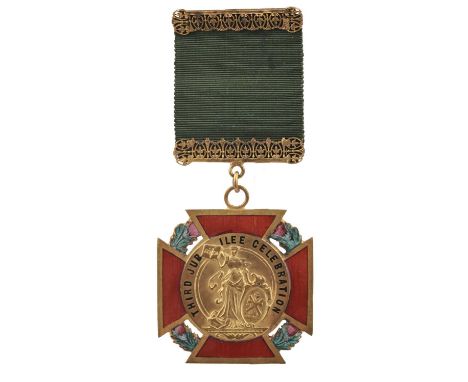 Freemasonry: a rare Grand Lodge of Scotland Third Jubilee Celebration Jewel, gilt-metal and enamel, cross pattée 49mm, obvers