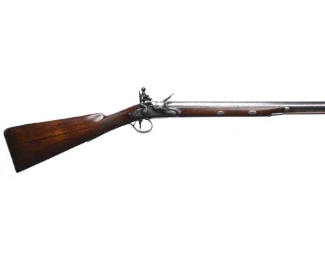 A 19th century English 14 bore flintlock single sporting gun, round barrel 33.5 in. and secured to the stock by two keys, aca