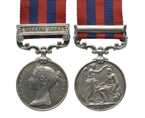 An India General Service Medal 1849-95 to Private Arthur Lakin, 2nd Battalion Derbyshire Regiment, clasp: Sikkim 1888 (1099 P