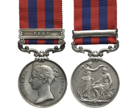 An India Medal 1849-95 to Gunner James Crosbie, Horse Artillery, clasp: Pegu (GUNNER JAS CROSBIE. HORSE ARTY), impressed, nea