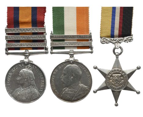 Three medals to or associated with Private F. C. Treadwell, 1st Loyal North Lancashire Regiment: Queen's South Africa, first 