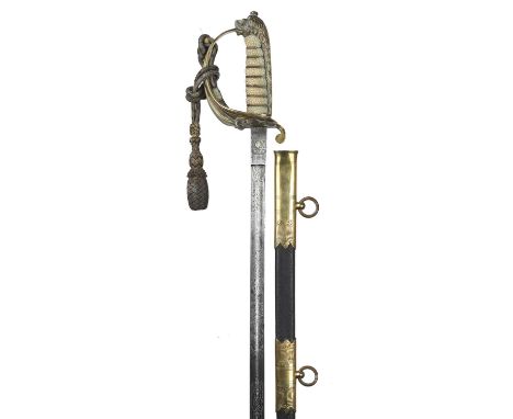 A British Royal Naval officer's sword, light model, etched blade 29 in., regulation gilt brass hilt with shagreen grip, the f