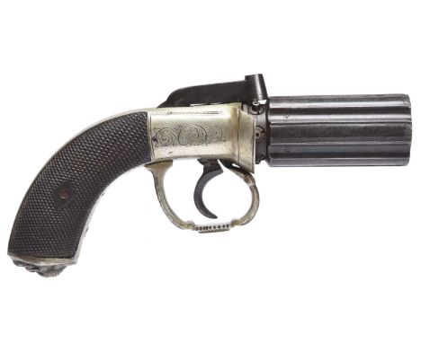 An English six-shot 120 bore 'pepperbox' percussion revolver, fluted cylinder 2.6 in. with Birmingham Company view and proof 