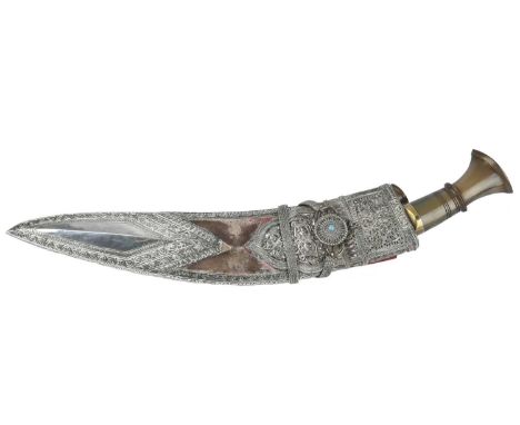 A fine and large presentation kukri, fullered blade 15 in., brass mounted polished horn hilt with small ring bolt to the pomm