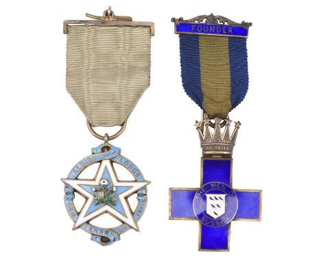 Freemasonry: two silver-gilt, gilt and enamel jewels, one a Founder's Jewel for The Men of Sussex Lodge No 3712, Greek cross 