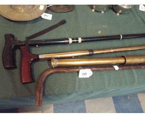 Three Walking Sticks and a Brass Vintage Garden Spray