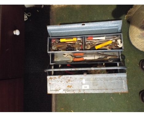 A Cantilevered Metal Toolbox Containing Work Shop Tools  