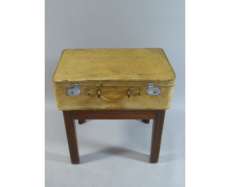 A Vintage Cream Suitcase on Later Wooden Luggage Stand, 56cm Wide