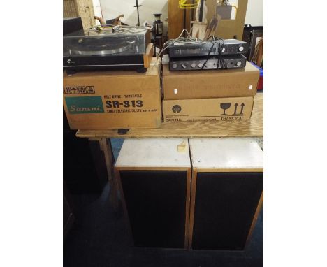 A Pair of Hifi Speakers, Sansui Belt Drive Turn Table, Cambridge Audio T55 Receiver and Amplifier  