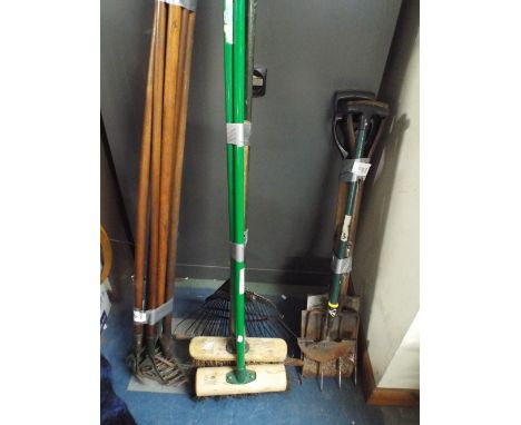 Three Packs of Garden Tools to Include Spades, Forks, Rakes, Brush etc 