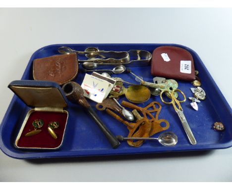 A Tray of Curios, Enamelled Cufflinks, Sugar Bows and Coffee Spoons, Vintage Pipe Etc