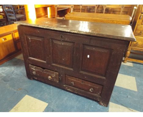 An Small Oak Three Panel Coffer Chest with Two Base Drawers and Hinged Lid, 115cm long 