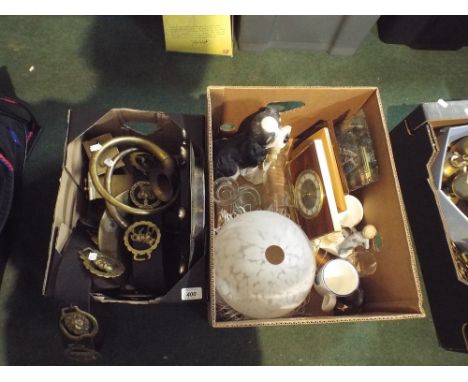 A Box of Brass Ware and a Box of Sundries to Include Ornaments, Glassware, Light Shade etc 