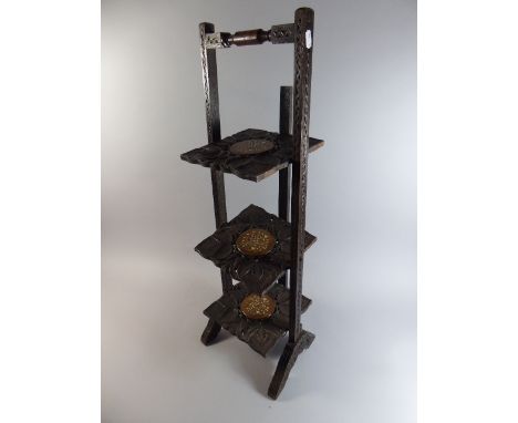 An Inlaid Pierced Three Shelf Eastern Cake Stand with Leaf Decoration, 82cm high 