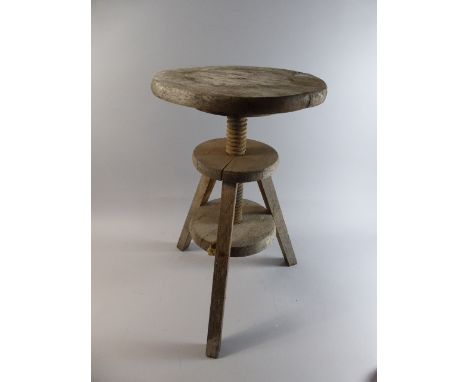 A Vintage Tripod Wooden Stool with Swivel Adjustable Screw Top, 30cm Diameter