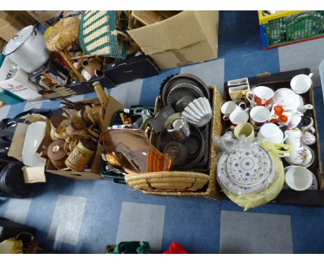 Four Boxes of Kitchen Wares to Include Mugs, Teapot, Blue and White Plates, Pots and Pans, Vintage Cutlery, Scales etc
