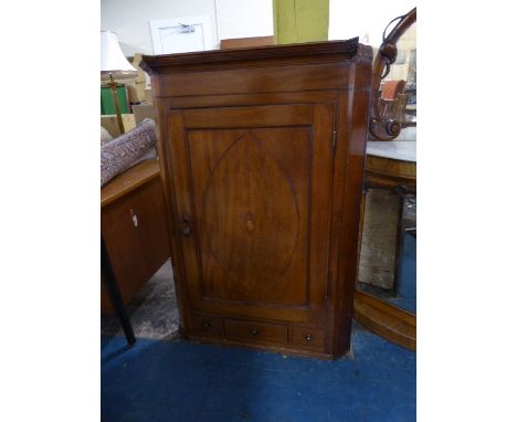 A 19th Century String Inlaid Corner Cabinet with Base Drawer, Panel Door with Shell Inlay