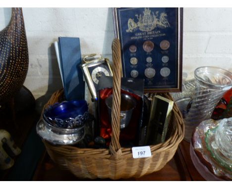 A Tray Containing Silver Plate, Framed Coin Set, Mantle Clock, Drawing Instrument Set and Slide Rules etc Vintage Wicker Bask
