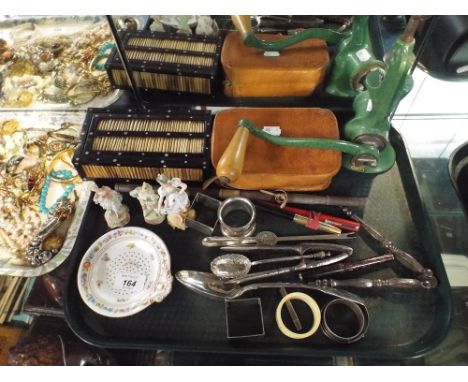A Tray Containing Silver Plated Cutlery, Vintage Mincer, Quill Box etc