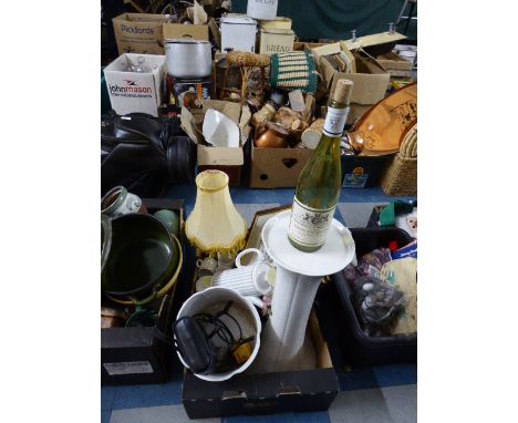 A Box Containing Various Prints, Sandy Lyle Autographed Wine Bottle, Vintage Coffee Set, Jardiniere on Stand etc  