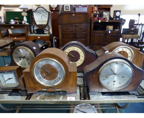 A Collection of Six Vintage Walnut and Oak Cased Mantle Clocks for Restoration 