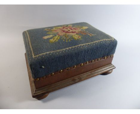 A Late 19th Century Tapestry Upholstered Rectangular Footstool with Bun Feet, 35cm Long