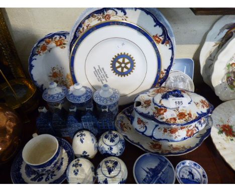 A Tray of Blue and White and Other China to Include, Delft Cruets, Spode Blue Room Storage Jars, Decorated Plates