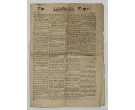 EPHEMERA. A group of five early newspapers, comprising 'The Times, London, Thursday, June 22, 1815' including details on Wate