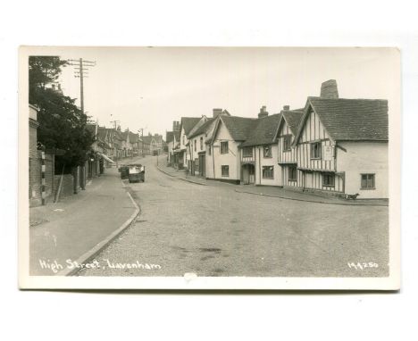 A collection of approximately 54 postcards of Suffolk, including photographic postcards titled 'High Street, Lavenham', 'Bull