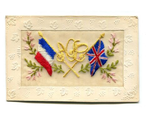 An album containing approximately 45 First World War embroidered silk greetings postcards and a group of 10 printed postcards