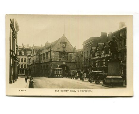 A collection of approximately 42 postcards of Shropshire, including photographic postcards titled 'Old Market Hall, Shrewsbur