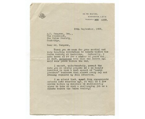 AUTOGRAPHS. A collection of autographs, including an autograph letter signed in ink by Oswold Mosley, dated 5/7/22, a manuscr